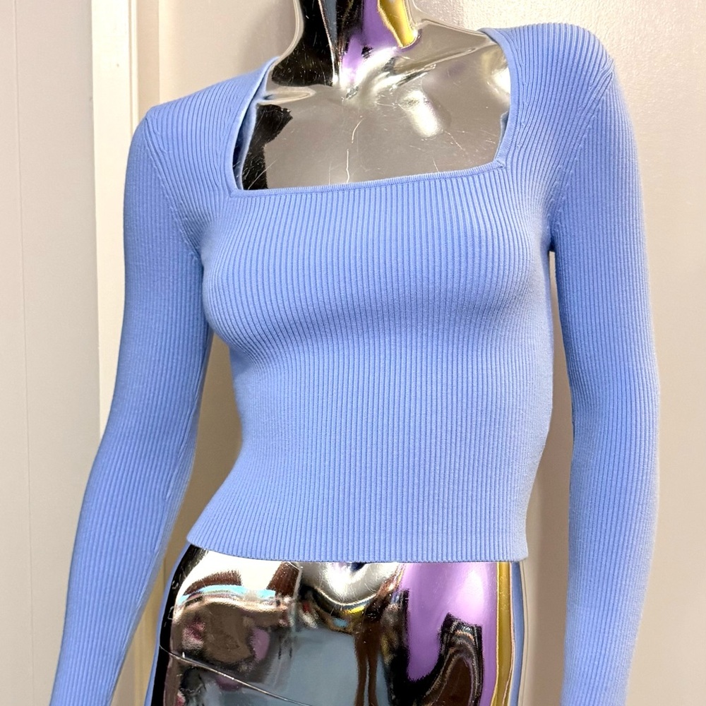Spring Special🌷 Open Edit - Blue Ribbed Square Neck Sweater